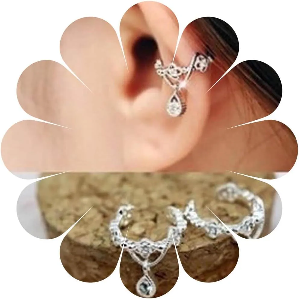 Boho Teardrop Crystal Ear Cuff Earrings Tiny Round Huggie Cuff Earrings Non Pierced Fake Hoop Cuff Earrings Rhinestone Cartilage Clip on Wrap Earrings for Women