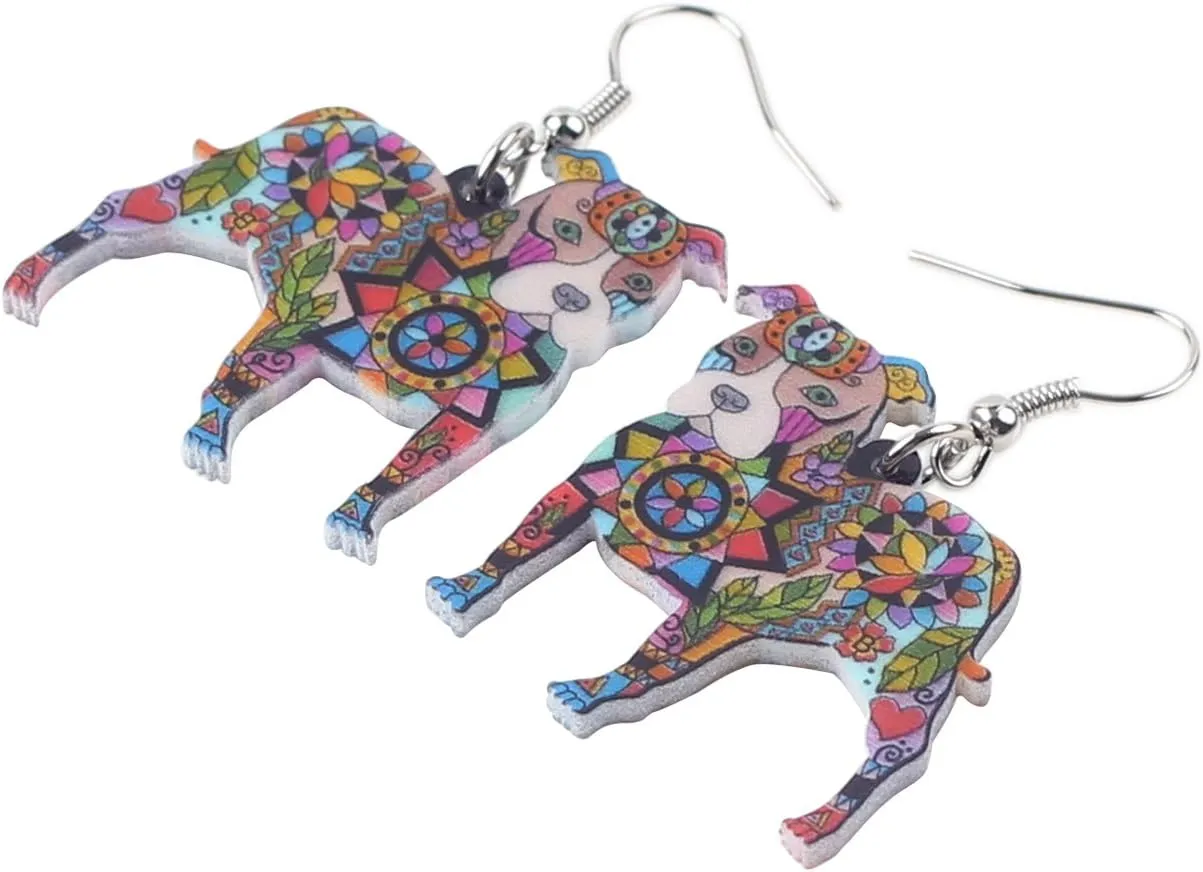 BONSNY Dog Collection BUSTER PIT BULL Dog Statement Acrylic Pop-Art Long Drop Dangle Women Earrings