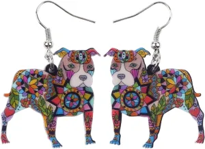 BONSNY Dog Collection BUSTER PIT BULL Dog Statement Acrylic Pop-Art Long Drop Dangle Women Earrings