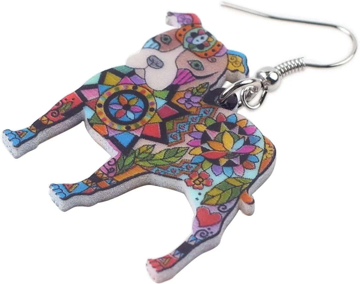 BONSNY Dog Collection BUSTER PIT BULL Dog Statement Acrylic Pop-Art Long Drop Dangle Women Earrings