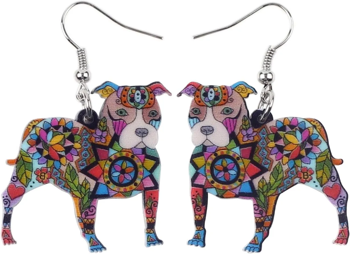 BONSNY Dog Collection BUSTER PIT BULL Dog Statement Acrylic Pop-Art Long Drop Dangle Women Earrings