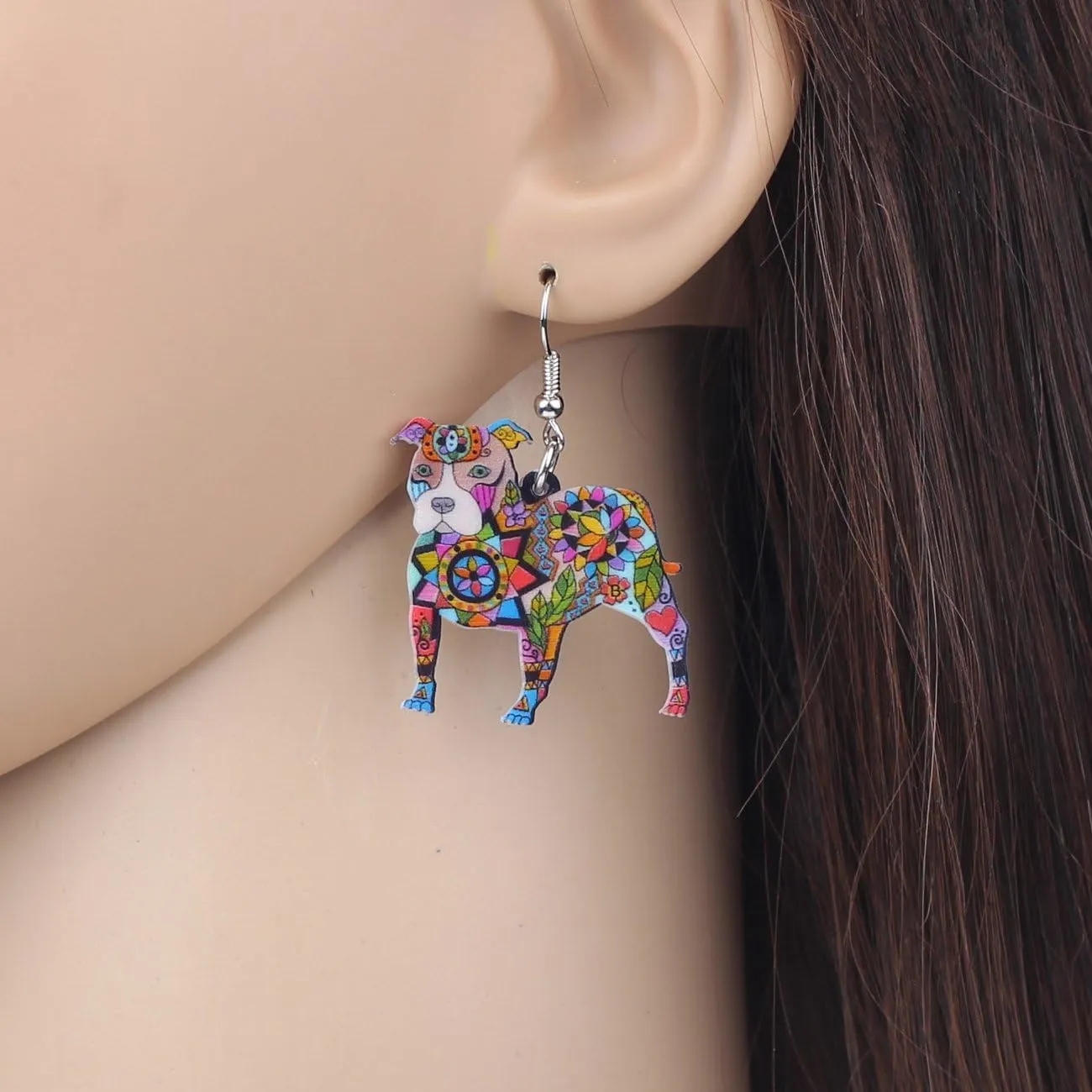BONSNY Dog Collection BUSTER PIT BULL Dog Statement Acrylic Pop-Art Long Drop Dangle Women Earrings