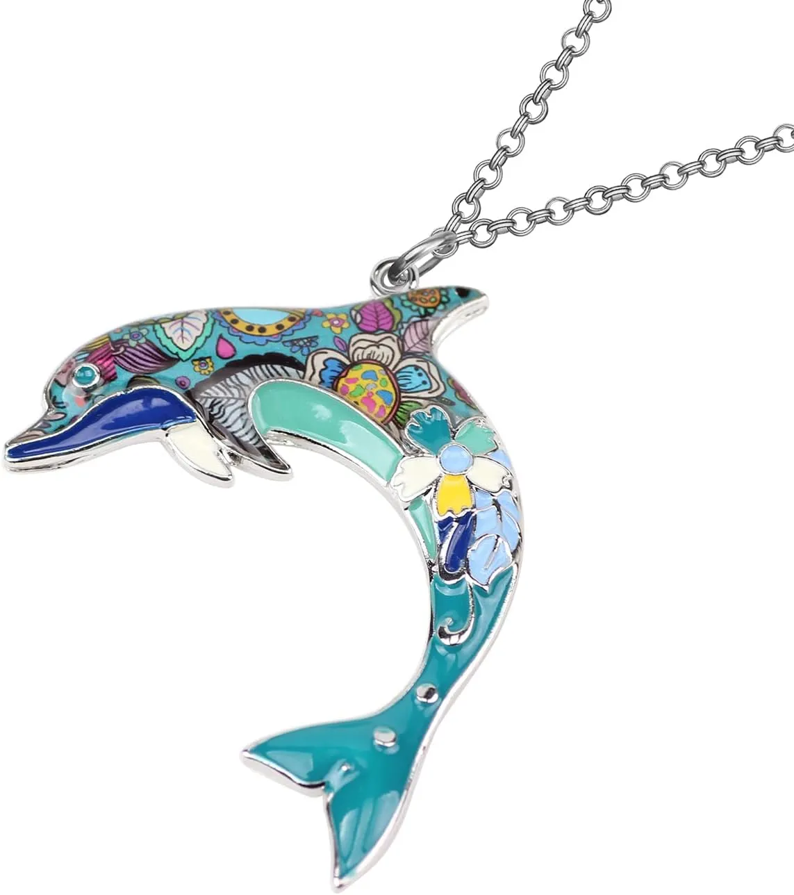 BONSNY Ocean Collection BLUE Statement Enamel Alloy Dolphin Necklace Pendant 18"