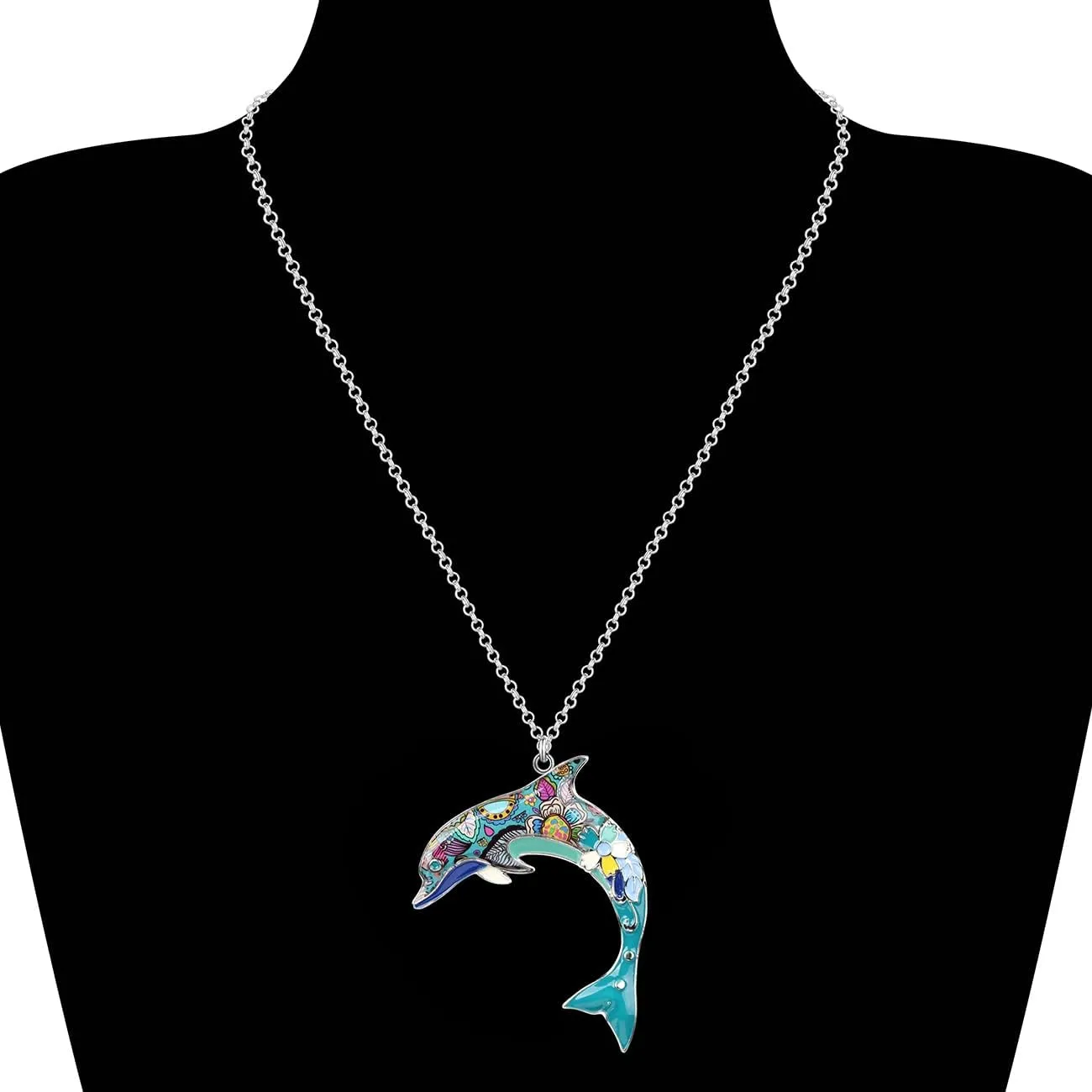BONSNY Ocean Collection BLUE Statement Enamel Alloy Dolphin Necklace Pendant 18"