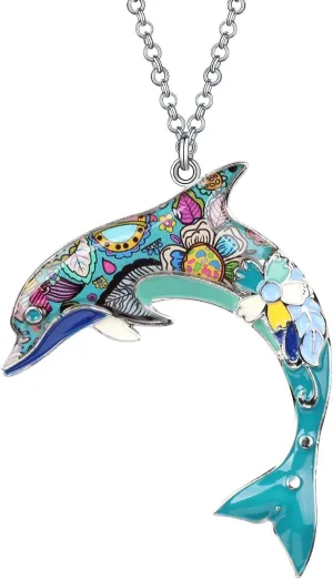 BONSNY Ocean Collection BLUE Statement Enamel Alloy Dolphin Necklace Pendant 18"