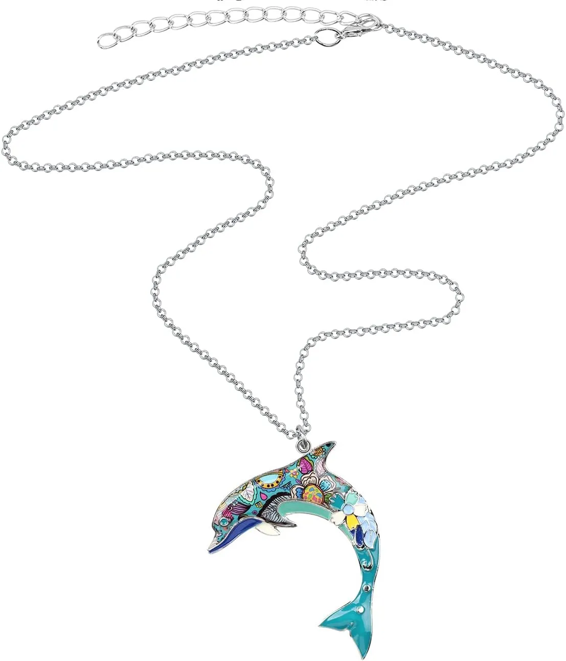 BONSNY Ocean Collection BLUE Statement Enamel Alloy Dolphin Necklace Pendant 18"