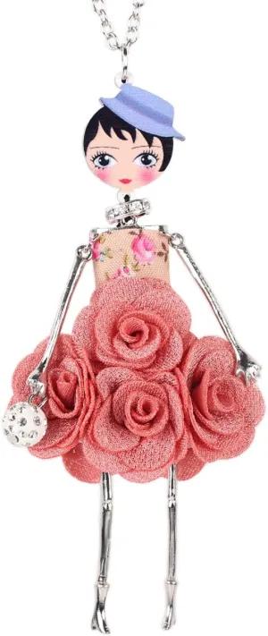 BONSNY Paris Doll Necklace Dress Handmade Pendant Amellie Alloy Flower Crystal Long Chain Women Jewelry