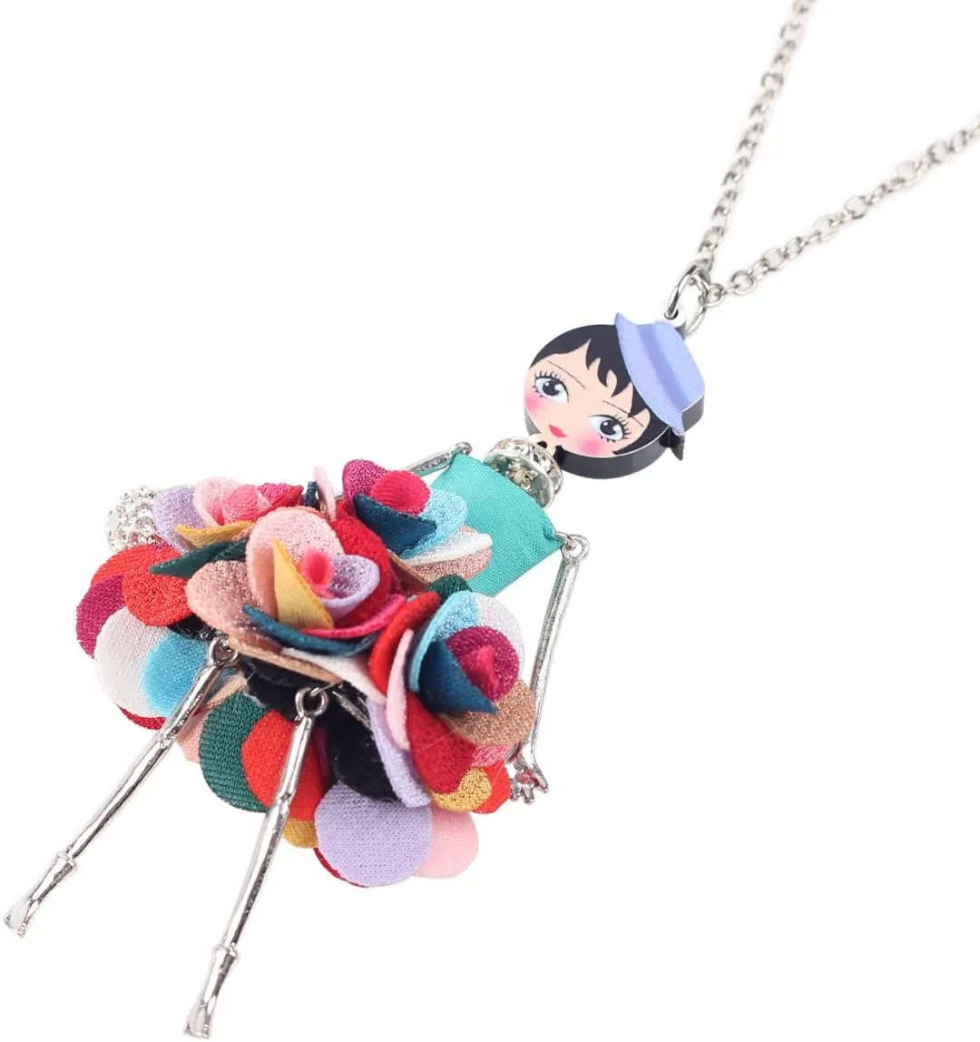BONSNY Paris Doll Necklace Dress Handmade Pendant Amellie Alloy Flower Crystal Long Chain Women Jewelry