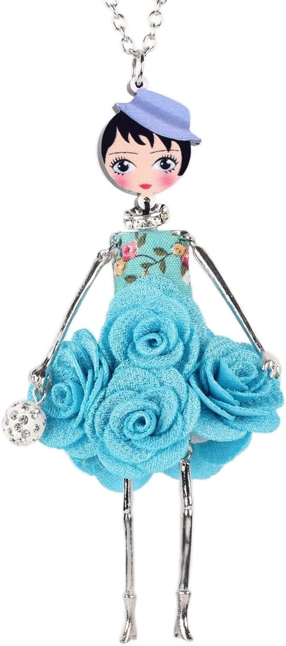 BONSNY Paris Doll Necklace Dress Handmade Pendant Amellie Alloy Flower Crystal Long Chain Women Jewelry