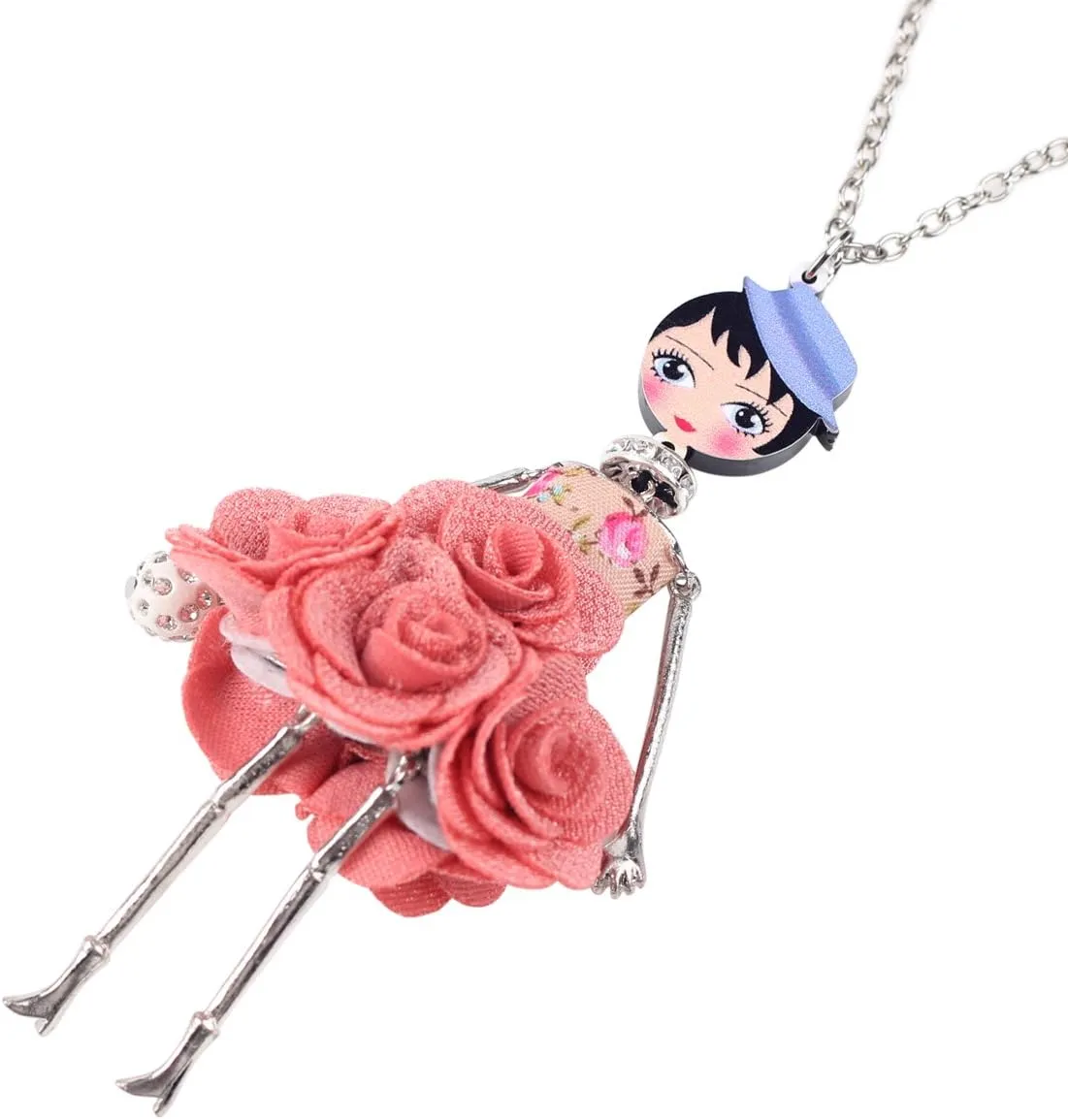 BONSNY Paris Doll Necklace Dress Handmade Pendant Amellie Alloy Flower Crystal Long Chain Women Jewelry