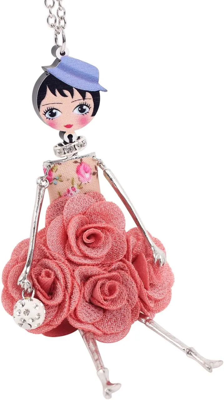 BONSNY Paris Doll Necklace Dress Handmade Pendant Amellie Alloy Flower Crystal Long Chain Women Jewelry