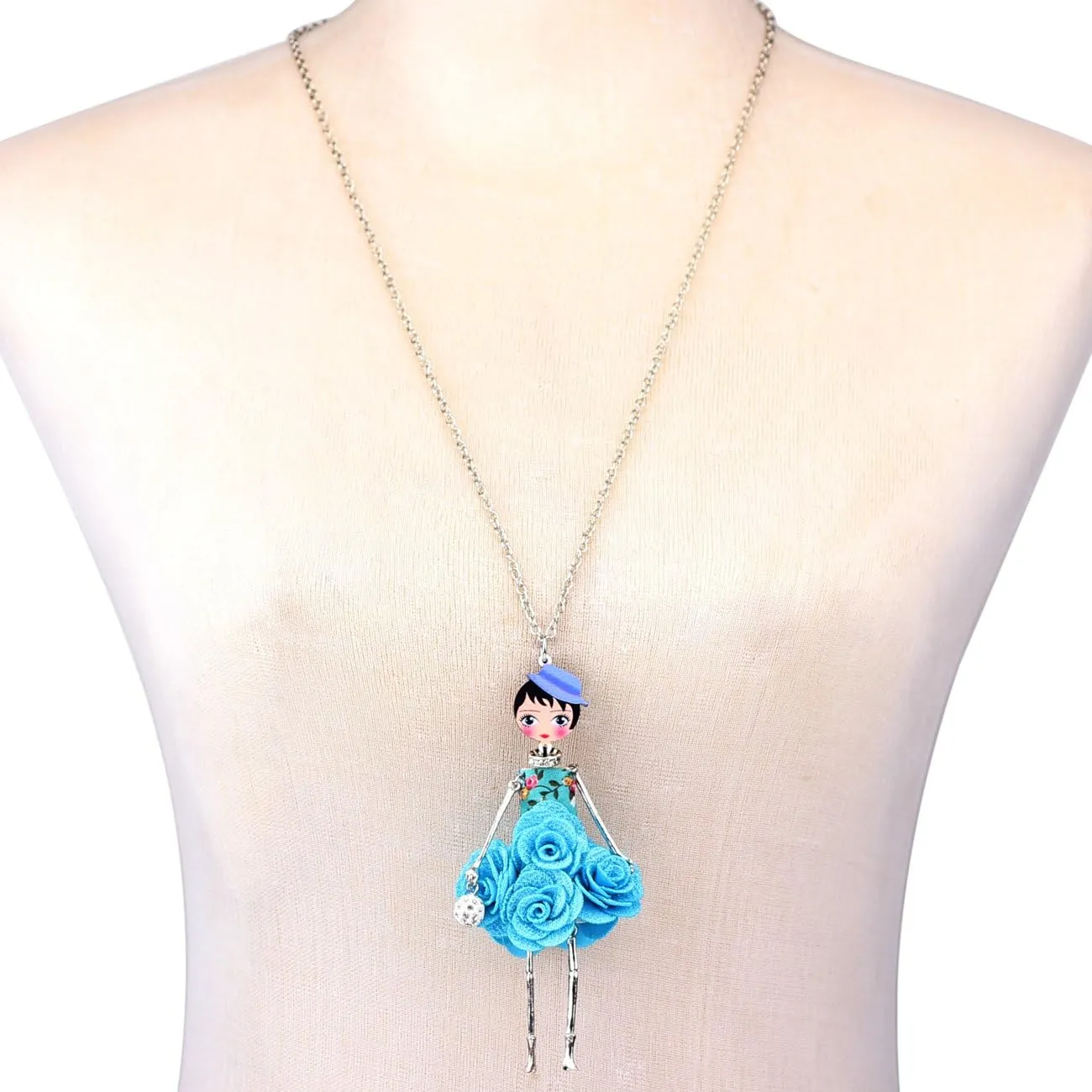 BONSNY Paris Doll Necklace Dress Handmade Pendant Amellie Alloy Flower Crystal Long Chain Women Jewelry