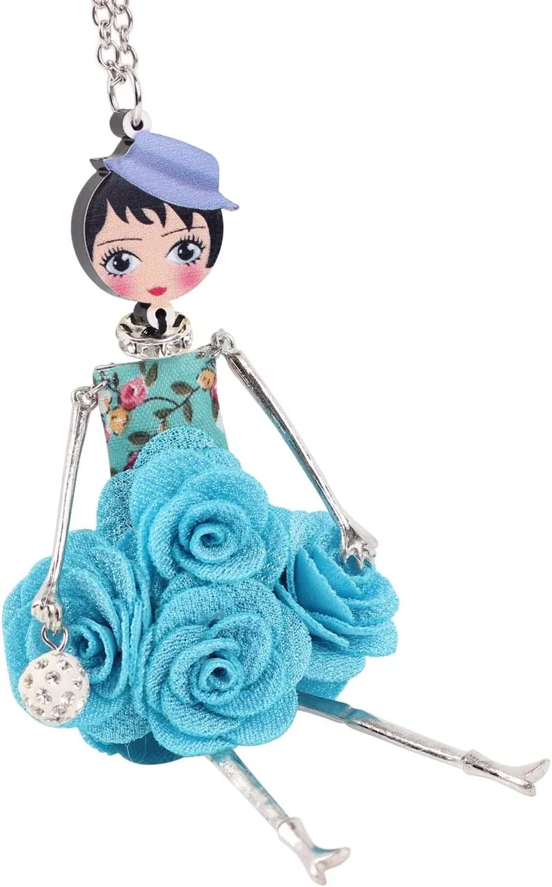 BONSNY Paris Doll Necklace Dress Handmade Pendant Amellie Alloy Flower Crystal Long Chain Women Jewelry