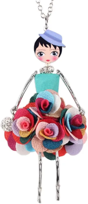 BONSNY Paris Doll Necklace Dress Handmade Pendant Amellie Alloy Flower Crystal Long Chain Women Jewelry