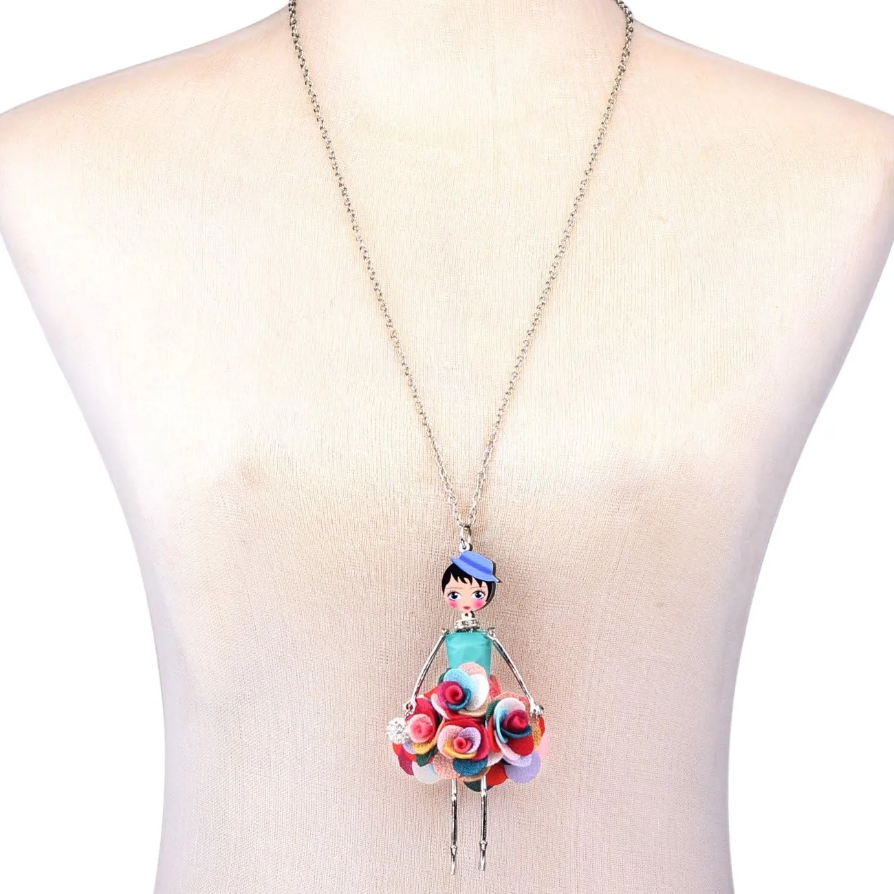BONSNY Paris Doll Necklace Dress Handmade Pendant Amellie Alloy Flower Crystal Long Chain Women Jewelry
