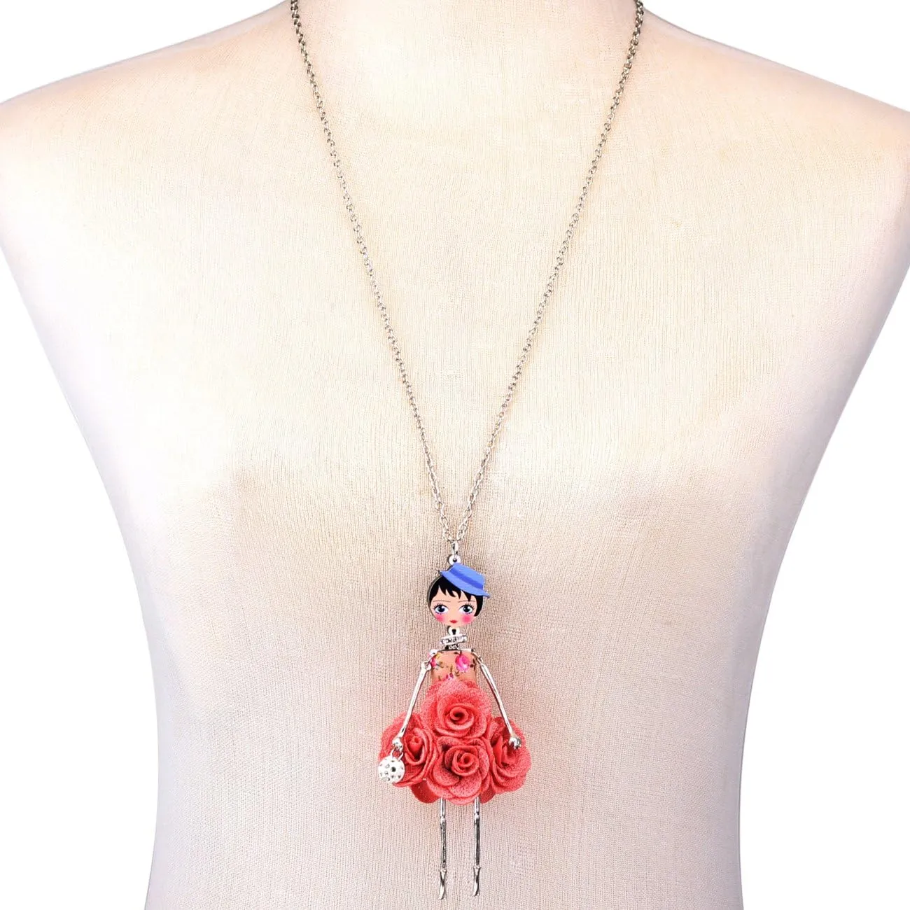 BONSNY Paris Doll Necklace Dress Handmade Pendant Amellie Alloy Flower Crystal Long Chain Women Jewelry