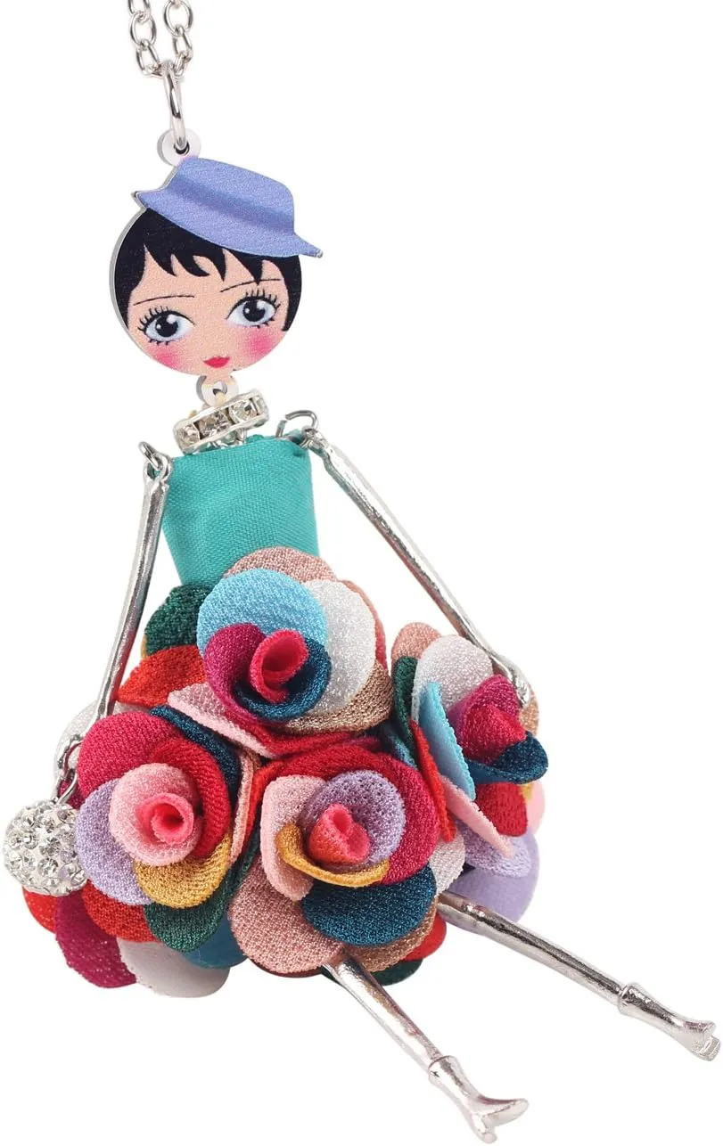 BONSNY Paris Doll Necklace Dress Handmade Pendant Amellie Alloy Flower Crystal Long Chain Women Jewelry