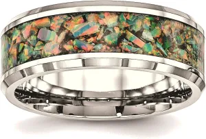 Bonyak Jewelry Chisel Stainless Steel Polished w/Imitation Opal Inlay 8mm Band in Stainless S