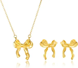 Bow Necklace Earrings Set for Women Bow Jewelry Trendy Rhinestone Bowknot Pendant Necklace Gold Silver Bow Earrings Christmas Gifts for Stocking Stuffers