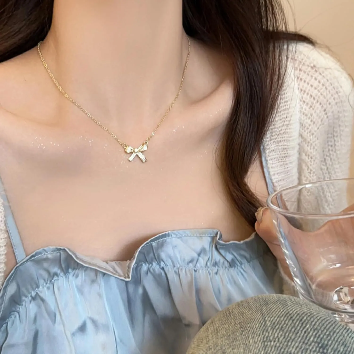 Bow Necklace Earrings Set for Women Bow Jewelry Trendy Rhinestone Bowknot Pendant Necklace Gold Silver Bow Earrings Christmas Gifts for Stocking Stuffers