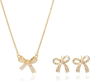 Bow Necklace Earrings Set for Women Bow Jewelry Trendy Rhinestone Bowknot Pendant Necklace Gold Silver Bow Earrings Christmas Gifts for Stocking Stuffers