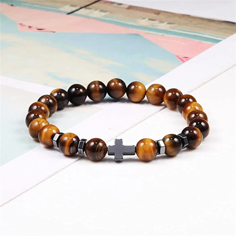 Bracelets Natural Beaded Bracelets 8mm Wood Bead Lava Matte Stone Cross Elasticity Bracelet Meditation Prayer Charm Men Women Yoga Jewelry