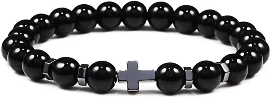 Bracelets Natural Beaded Bracelets 8mm Wood Bead Lava Matte Stone Cross Elasticity Bracelet Meditation Prayer Charm Men Women Yoga Jewelry
