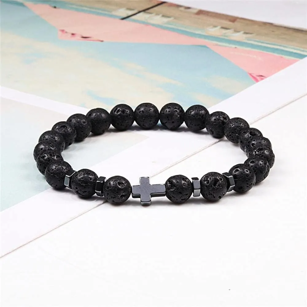 Bracelets Natural Beaded Bracelets 8mm Wood Bead Lava Matte Stone Cross Elasticity Bracelet Meditation Prayer Charm Men Women Yoga Jewelry