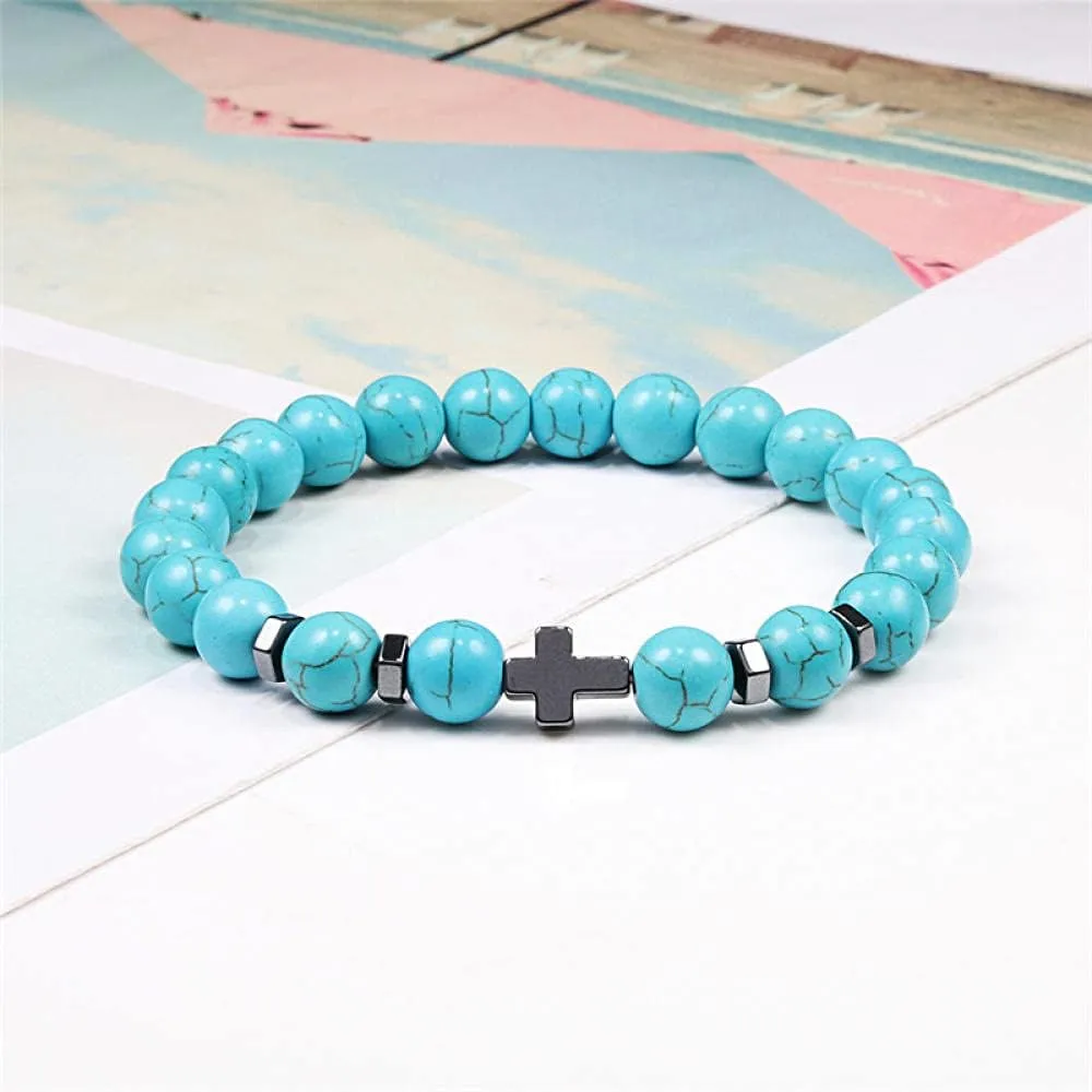 Bracelets Natural Beaded Bracelets 8mm Wood Bead Lava Matte Stone Cross Elasticity Bracelet Meditation Prayer Charm Men Women Yoga Jewelry
