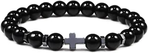 Bracelets Natural Beaded Bracelets 8mm Wood Bead Lava Matte Stone Cross Elasticity Bracelet Meditation Prayer Charm Men Women Yoga Jewelry