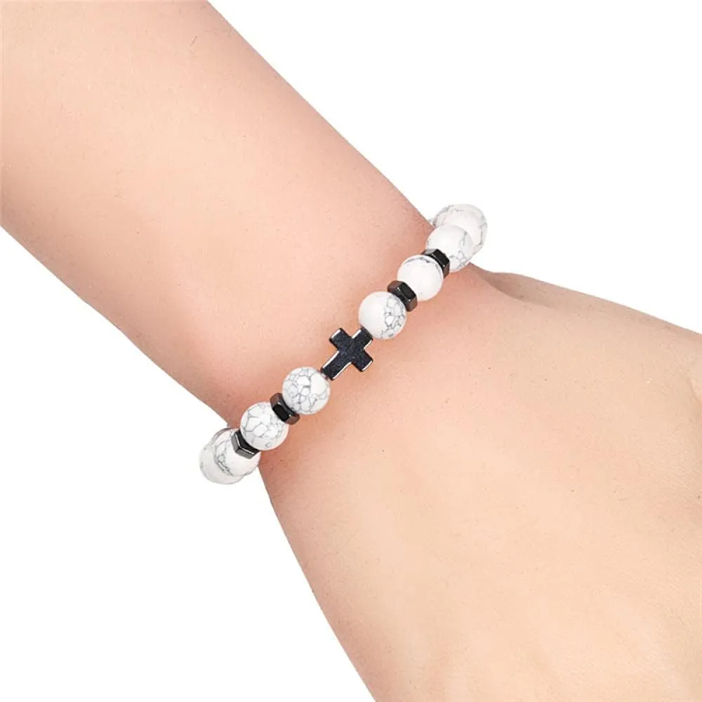 Bracelets Natural Beaded Bracelets 8mm Wood Bead Lava Matte Stone Cross Elasticity Bracelet Meditation Prayer Charm Men Women Yoga Jewelry