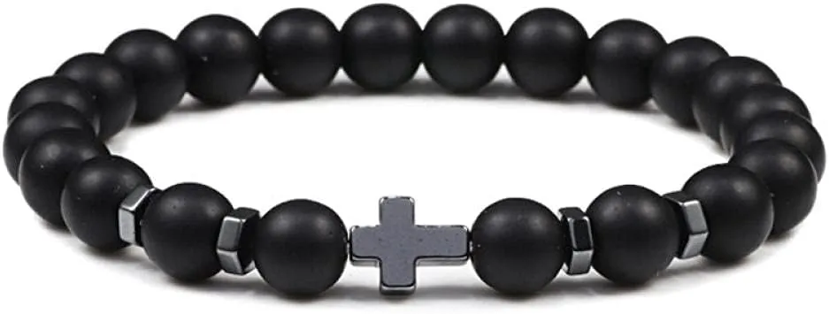 Bracelets Natural Beaded Bracelets 8mm Wood Bead Lava Matte Stone Cross Elasticity Bracelet Meditation Prayer Charm Men Women Yoga Jewelry
