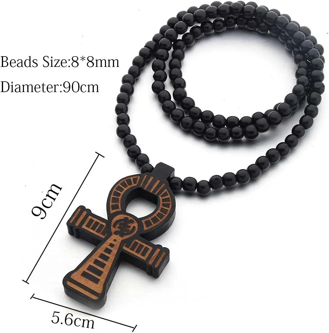 Caiyao Multicolor 8MM Wooden Bead Chain Necklace Male Cross African Hip-hop Africa Map Pendant Necklace for Men Women Natural Wood Jewelry