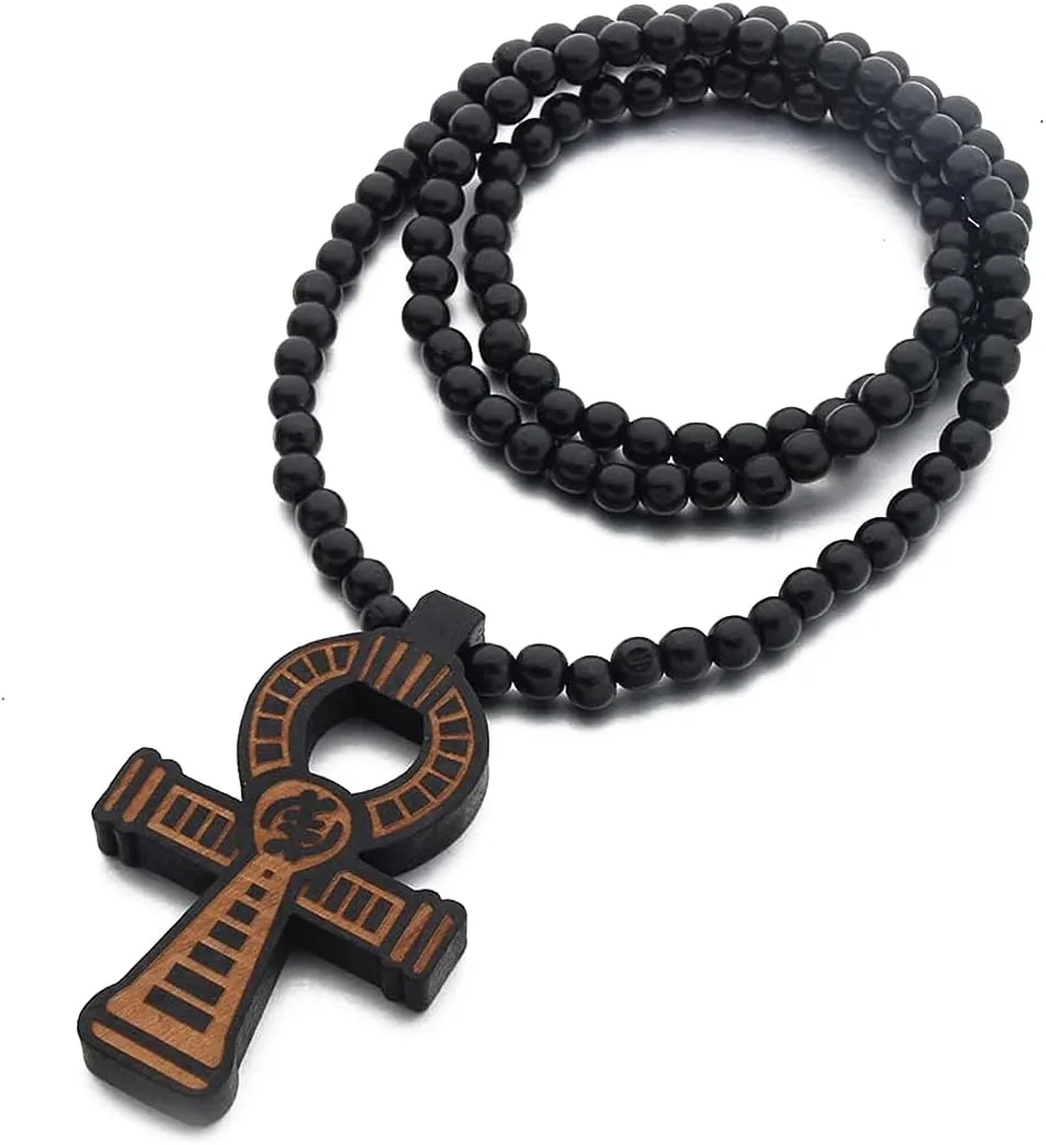Caiyao Multicolor 8MM Wooden Bead Chain Necklace Male Cross African Hip-hop Africa Map Pendant Necklace for Men Women Natural Wood Jewelry
