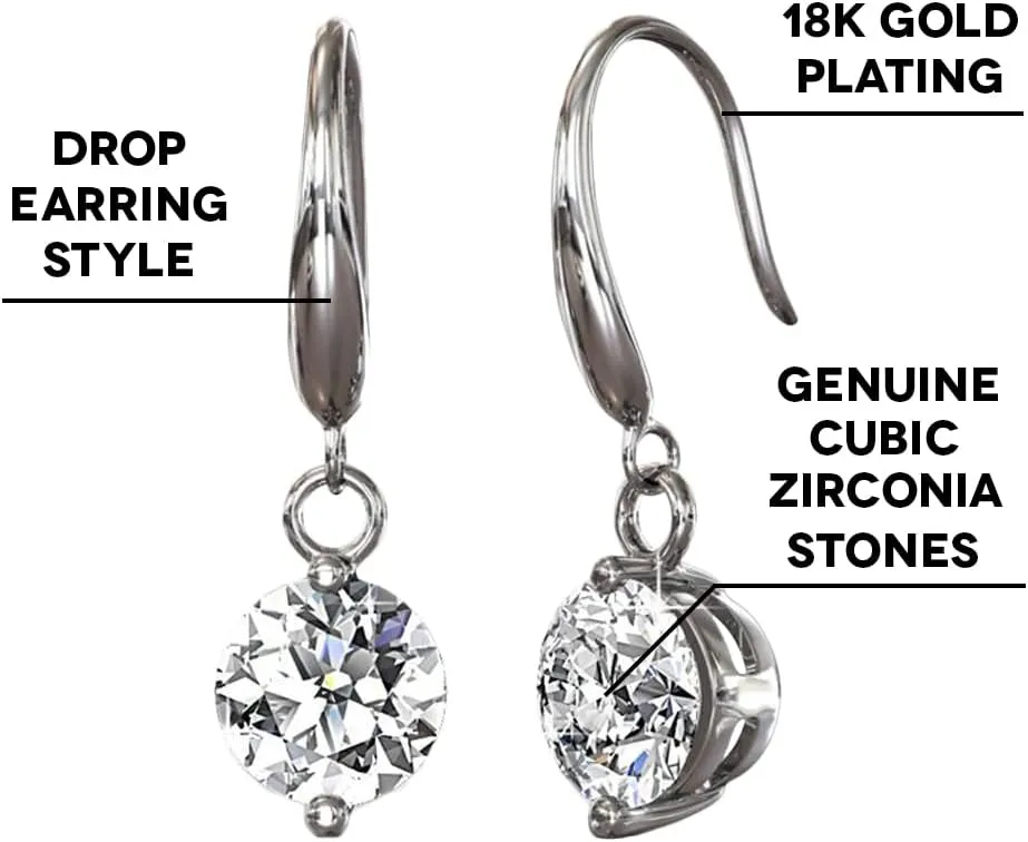 Cate & Chloe Veronica 18k White Gold Dangling Earrings with Crystals, Sparkling Round Cut Solitaire Diamond Silver Drop Earring Set Wedding Anniversary Jewelry - Hypoallergenic