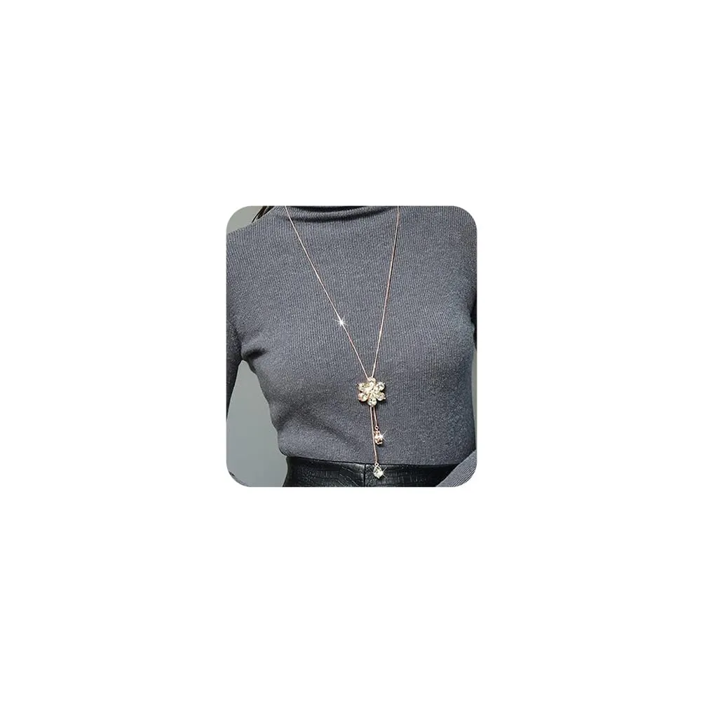 Chargances Gold Crystal Flower Pendant Necklace Long Sweater Necklace Rhinestone Pendant Y Choker Necklaces Fashion Jewelry for Women (Gold)