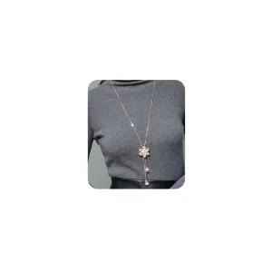 Chargances Gold Crystal Flower Pendant Necklace Long Sweater Necklace Rhinestone Pendant Y Choker Necklaces Fashion Jewelry for Women (Gold)