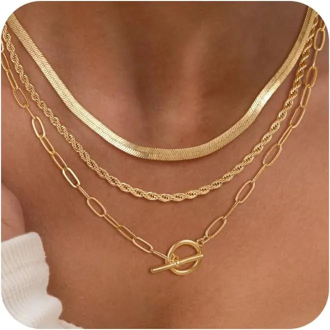 CHESKY Gold Layered Herringbone Necklaces for Women, Trendy 14K Gold Plated Paperclip Snake Chain Necklace Cuban Link Simple Chunky Toggle Clasp Necklace Set Fashion Jewelry