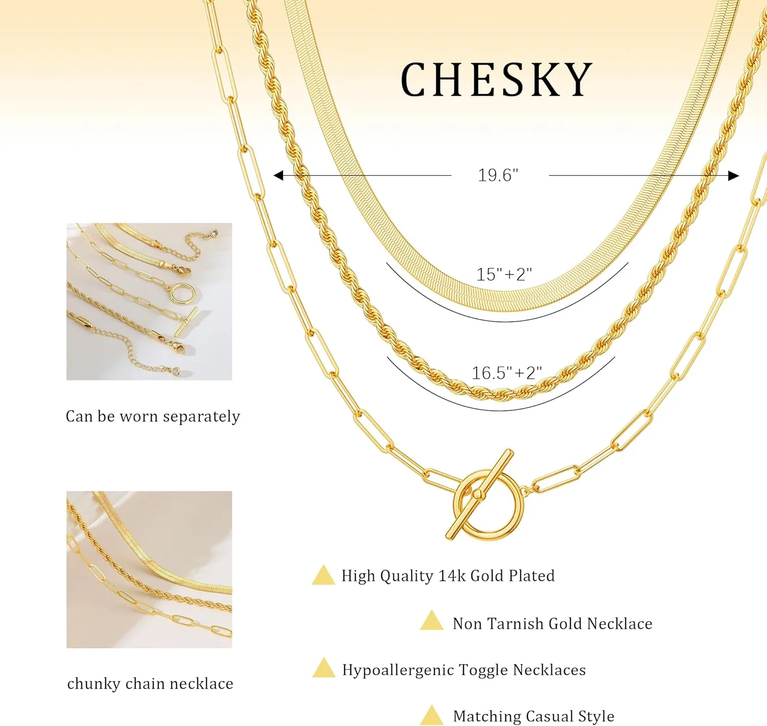 CHESKY Gold Layered Herringbone Necklaces for Women, Trendy 14K Gold Plated Paperclip Snake Chain Necklace Cuban Link Simple Chunky Toggle Clasp Necklace Set Fashion Jewelry