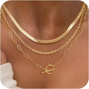 CHESKY Gold Layered Herringbone Necklaces for Women, Trendy 14K Gold Plated Paperclip Snake Chain Necklace Cuban Link Simple Chunky Toggle Clasp Necklace Set Fashion Jewelry