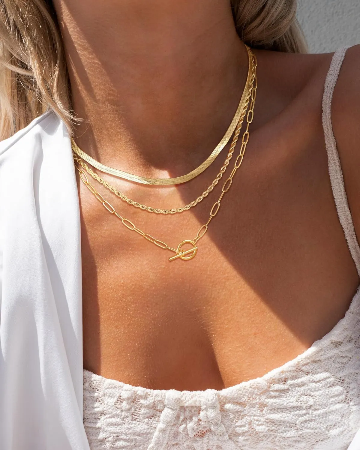CHESKY Gold Layered Herringbone Necklaces for Women, Trendy 14K Gold Plated Paperclip Snake Chain Necklace Cuban Link Simple Chunky Toggle Clasp Necklace Set Fashion Jewelry