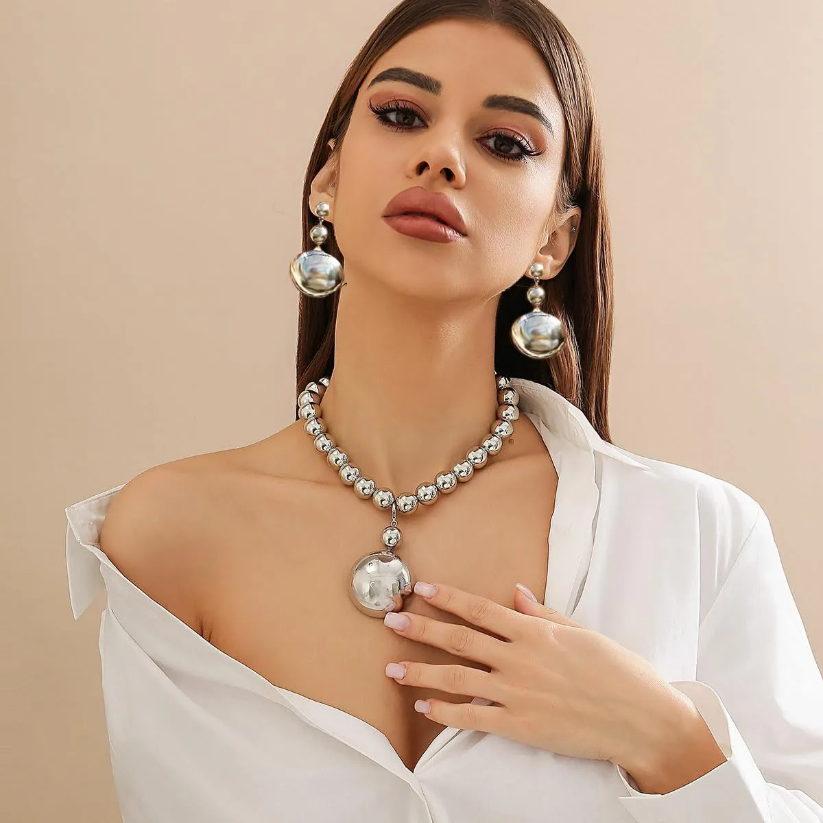 Chunky Gold Silver Necklace Earrings Set for Women, Exaggerated Big Ball Pendant Bead Choker Necklaces Earring Trendy Fashion Holiday Party Statement Jewelry Set