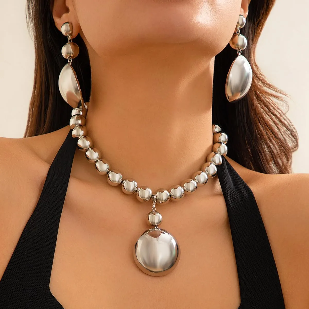 Chunky Gold Silver Necklace Earrings Set for Women, Exaggerated Big Ball Pendant Bead Choker Necklaces Earring Trendy Fashion Holiday Party Statement Jewelry Set