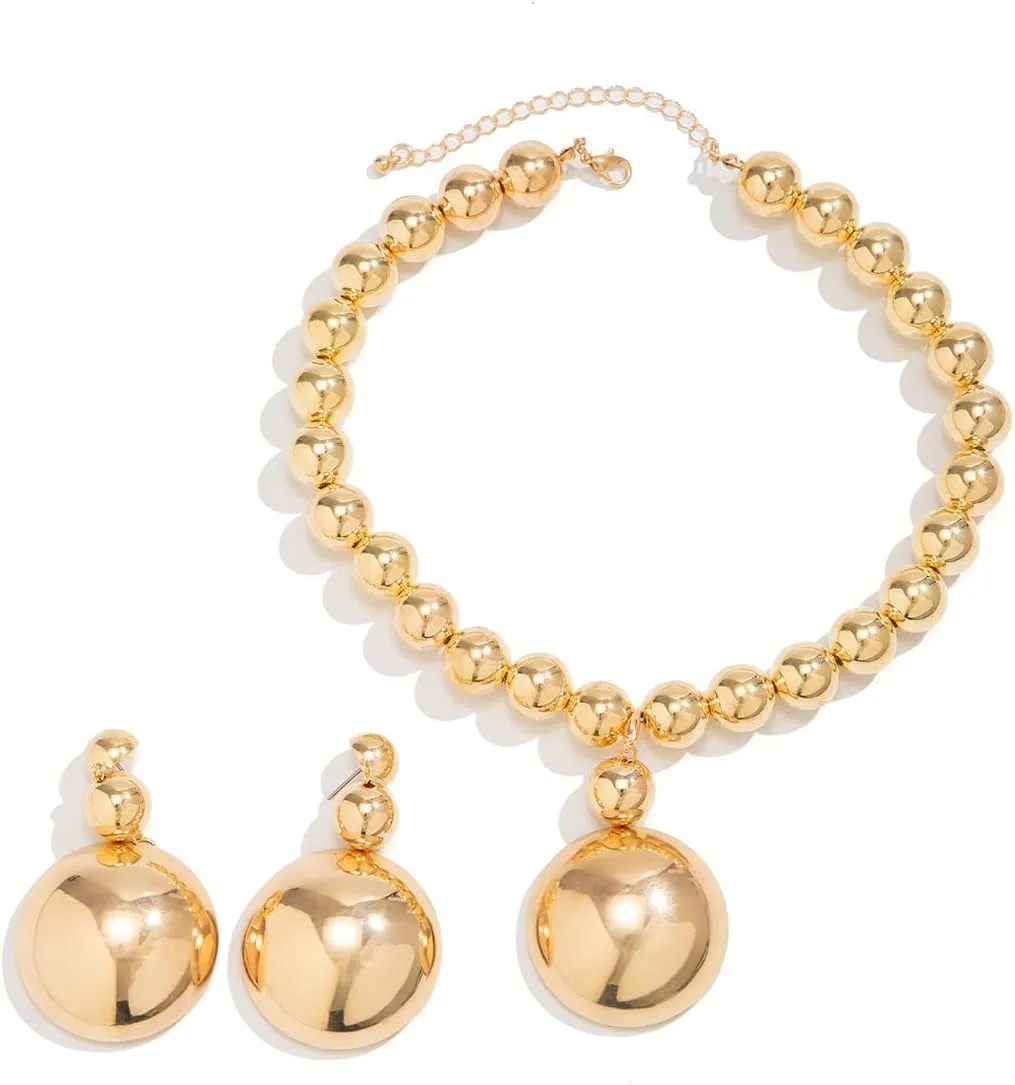 Chunky Gold Silver Necklace Earrings Set for Women, Exaggerated Big Ball Pendant Bead Choker Necklaces Earring Trendy Fashion Holiday Party Statement Jewelry Set