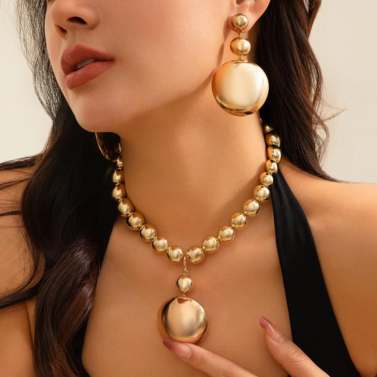 Chunky Gold Silver Necklace Earrings Set for Women, Exaggerated Big Ball Pendant Bead Choker Necklaces Earring Trendy Fashion Holiday Party Statement Jewelry Set