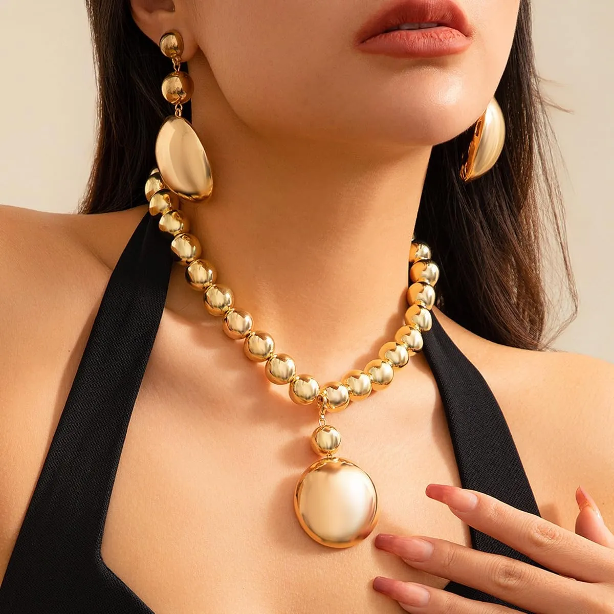Chunky Gold Silver Necklace Earrings Set for Women, Exaggerated Big Ball Pendant Bead Choker Necklaces Earring Trendy Fashion Holiday Party Statement Jewelry Set
