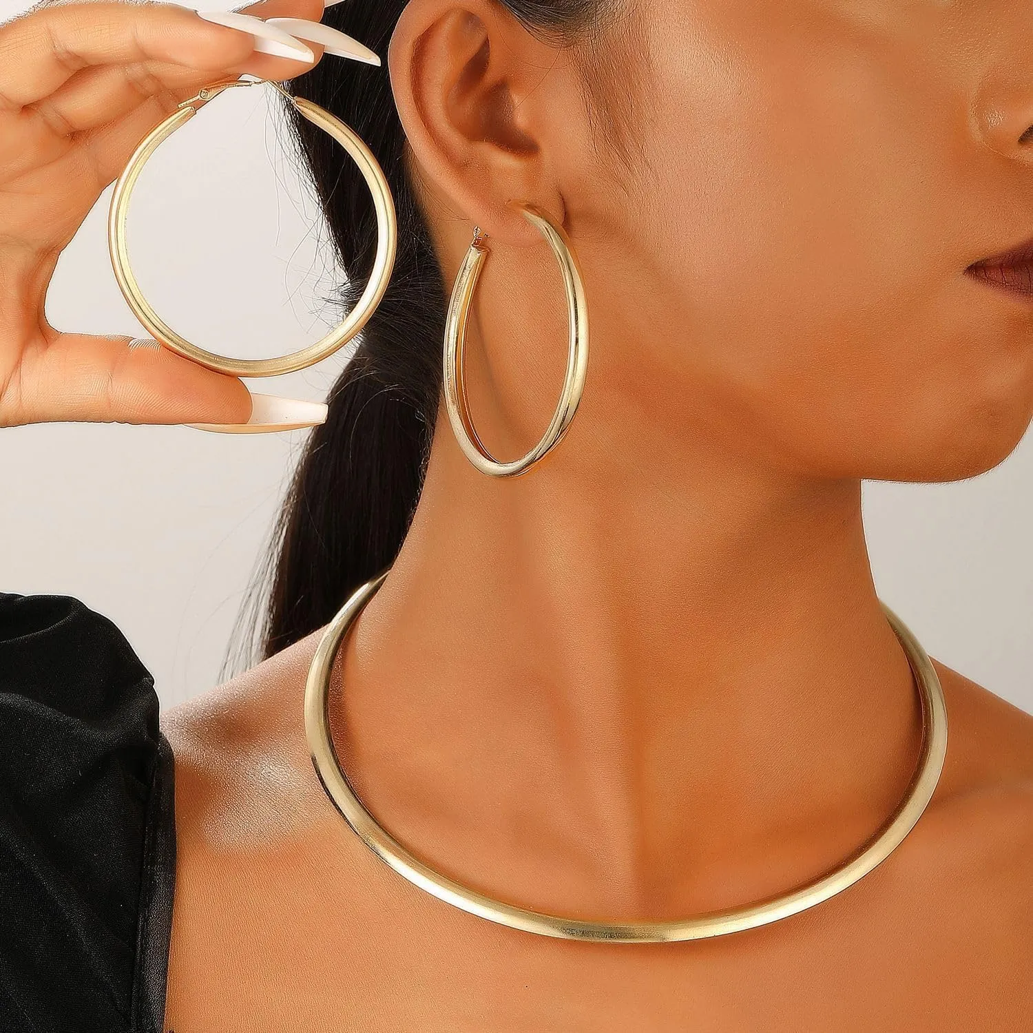 Chunky Gold Silver Necklace Earrings Set for Women, Exaggerated Big Ball Pendant Bead Choker Necklaces Earring Trendy Fashion Holiday Party Statement Jewelry Set