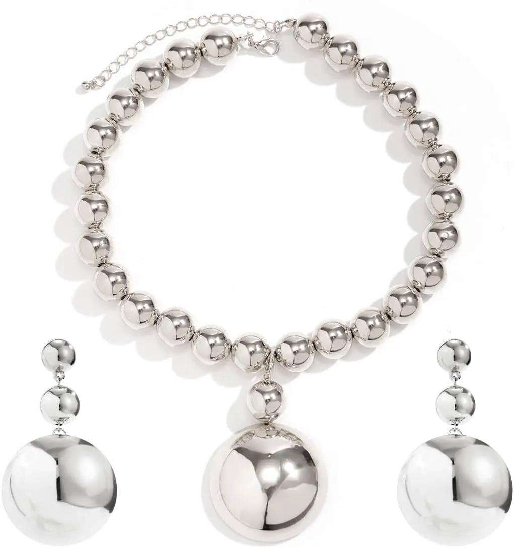 Chunky Gold Silver Necklace Earrings Set for Women, Exaggerated Big Ball Pendant Bead Choker Necklaces Earring Trendy Fashion Holiday Party Statement Jewelry Set