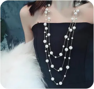 Chunky Layered Pearls Statement Necklace for Women, Vintage Multi Layering Freshwater Pearls Choker Triple Strands Necklace Exaggerated Jewelry Gifts