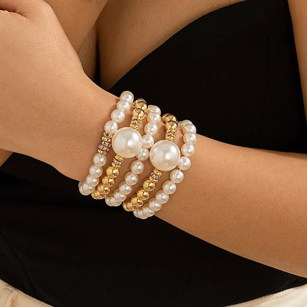 Chunky Pearl Bracelets for Women Stackable Gold Pearl Beaded Stretch Bracelets Exaggerated Big Pearl Ball Bracelet Set Trendy Birthday Jewelry Gifts